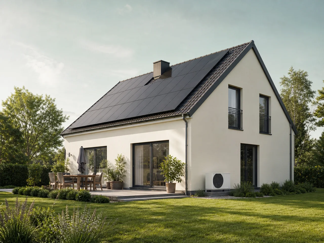 Modernes Einfamilienhaus mit Photovoltaikanlage und Wärmepumpe