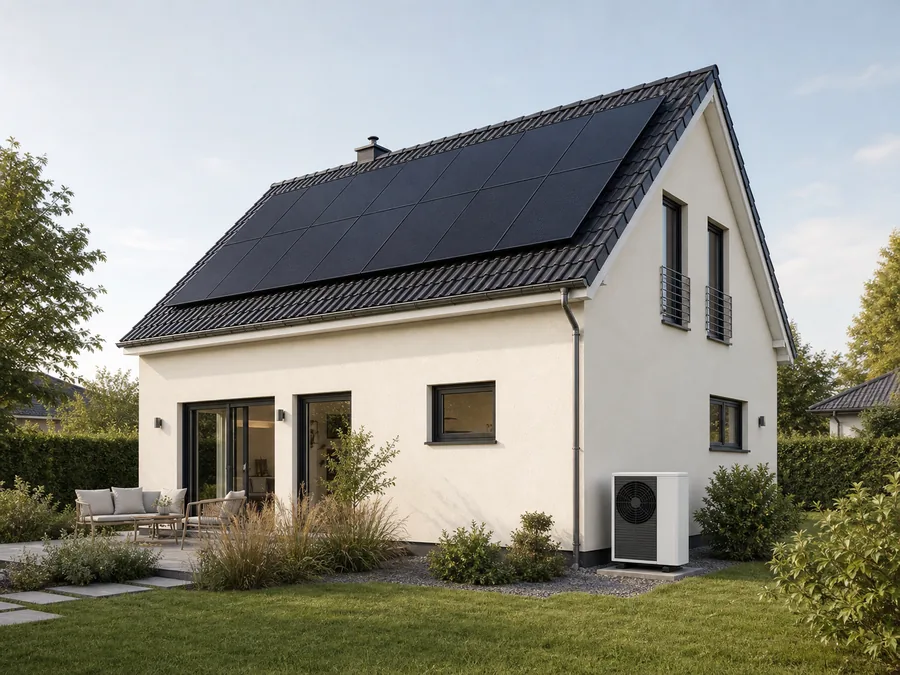 Einfamilienhaus mit Photovoltaikanlage und Luft-Wasser-Wärmepumpe