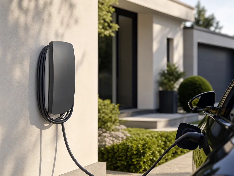 Wallbox beim Laden eines Elektroautos an einem Wohnhaus